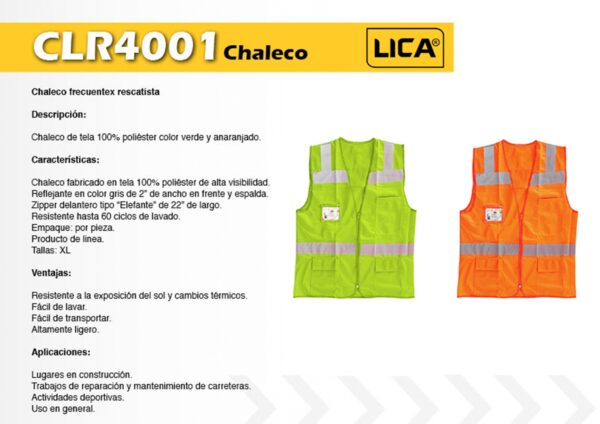 Chaleco Rescatista Mod. CLR-4001 cremallera alta visibilidad trafico